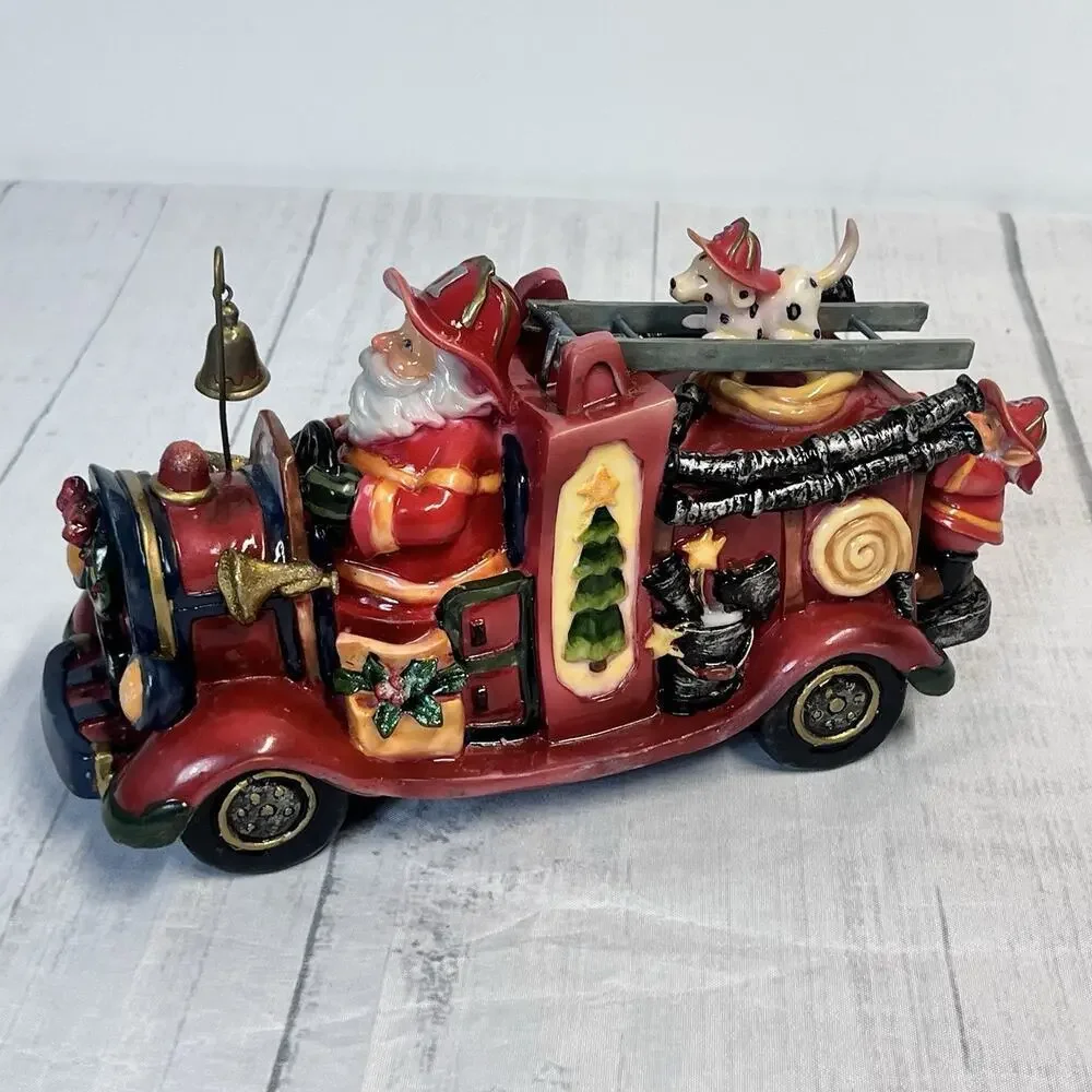 Vintage Roman Inc Music Box Santa Fireman Firetruck Figurine Christmas *Damaged*